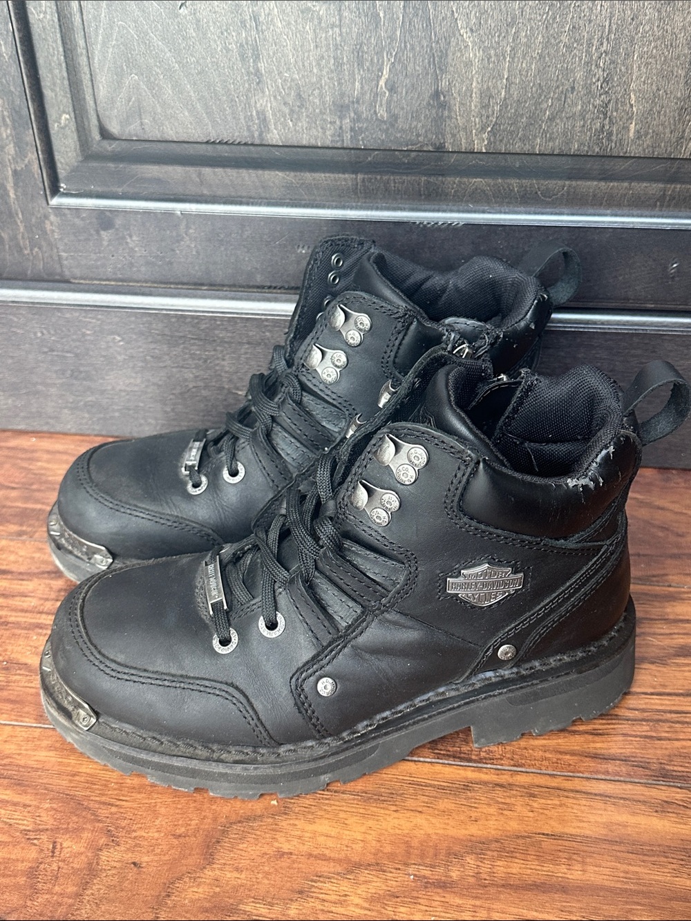 Y2K Harley Davidson Leather Riding Boots Women 8 Black Lace Up Grunge Moto VTG